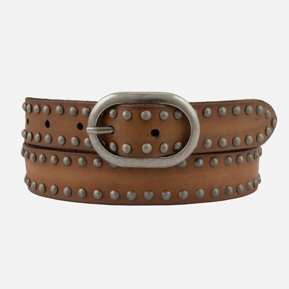 CAMEL TONE LEATHER BELT WITH ANTIQUE PEWTER TONE STUDS AND BUCKLE main image 7